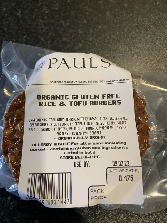 Organic Gluten Free Rice & Tofu Burgers, locally made CHILLED pack of 2 175g
