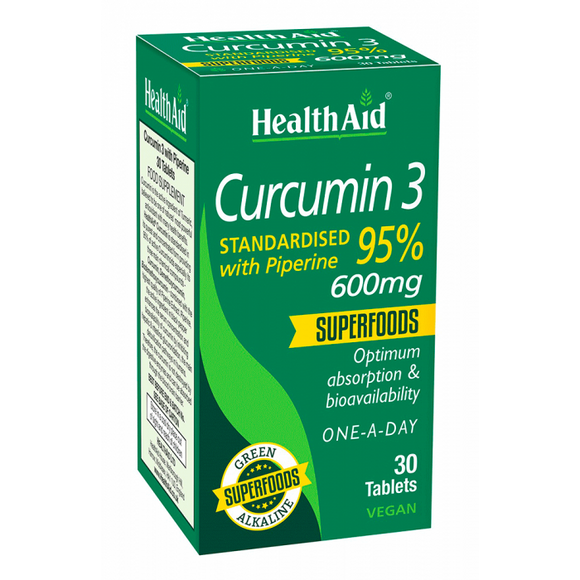 Health Aid Curcumin (Turmeric) with Piperin 95% 600mg 30 One-a-Day Vegan Tablets