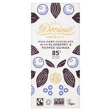 DIVINE Organic Rich Dark Chocolate with BLUEBERRY & POPPED QUINOA 85% 80g
